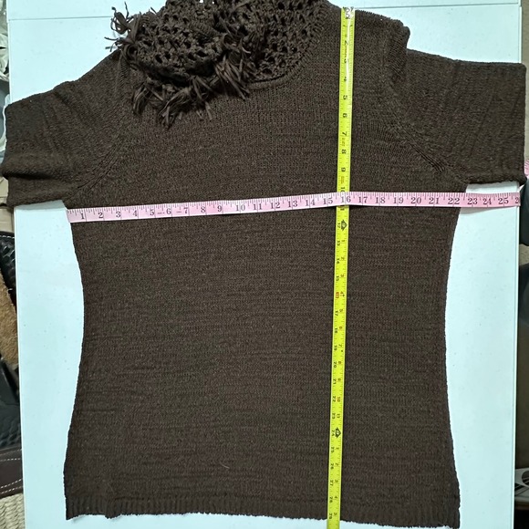 Multiples 1X Brown Knit Long Sleeve Sweater Cowl Neck Crochet Collar Fringe Trim - Picture 4 of 4